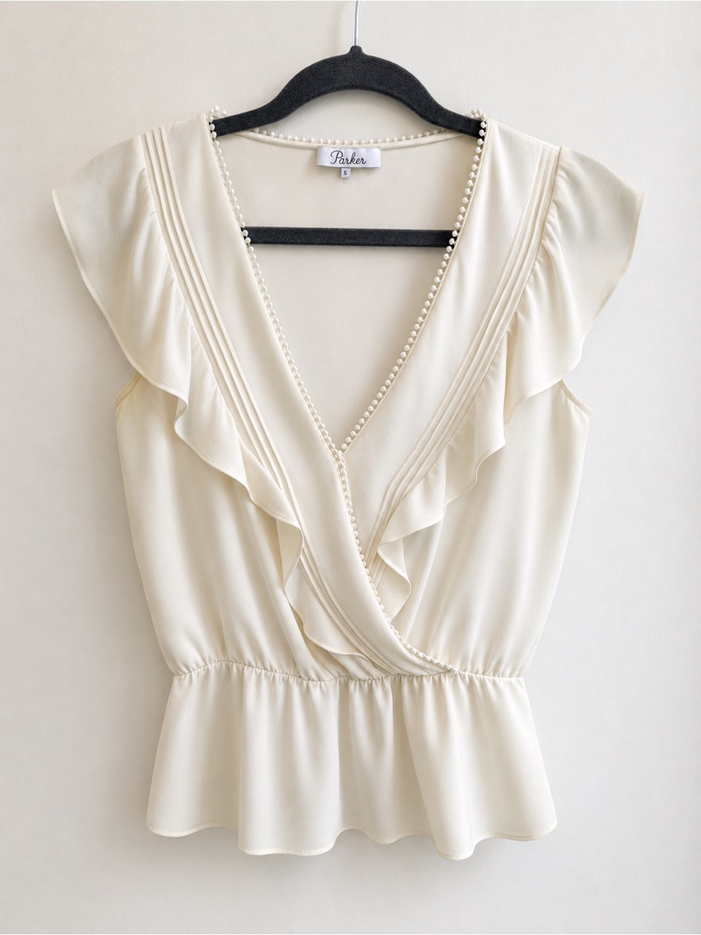 Parker Ivory Ruffle Wrap Peplum Blouse with Pearl Trim